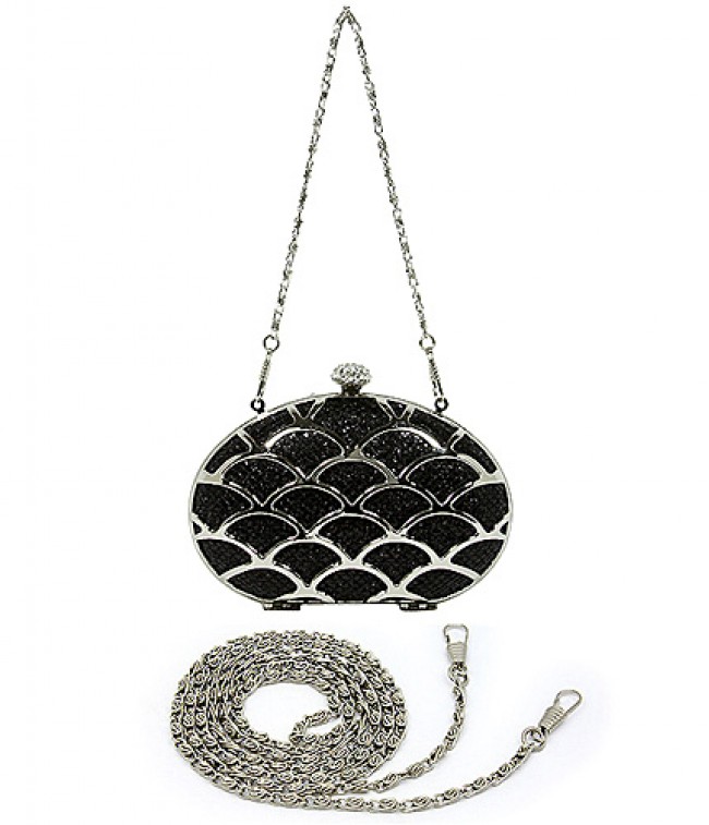 Evening Bag - Glittery Topped w/ Open Shell Shapes Metal - Black - BG-1145MS-BK